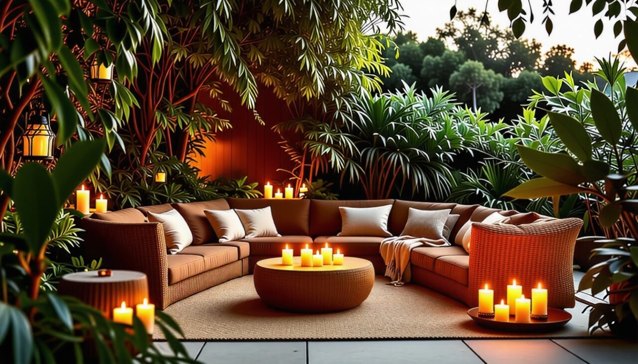 Une terrasse moderne éclairée par des chandelles chaleureuses, avec un coin salon confortable, des textiles doux, et une ambiance nocturne entourée de verdure.