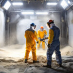 Comment choisir une cabine de sablage adaptée à votre industrie une-cabine-de-sablage-industrielle-en-fonctionnement-montrant-des-travailleurs-en-tenue-de-protection-avec-des-particules-de-sable-en-suspension-dans-lair-sous-un-eclairage-fort-qui-met-en-va