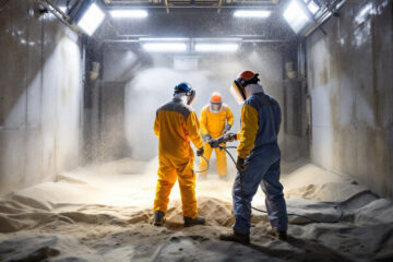 une-cabine-de-sablage-industrielle-en-fonctionnement-montrant-des-travailleurs-en-tenue-de-protection-avec-des-particules-de-sable-en-suspension-dans-lair-sous-un-eclairage-fort-qui-met-en-va
