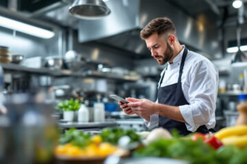 un-chef-examine-les-normes-de-securite-alimentaire-dans-une-cuisine-entoure-dappareils-en-acier-inoxydable-et-dingredients-frais-montrant-une-expression-concentree-tout-en-respectant-les-prot