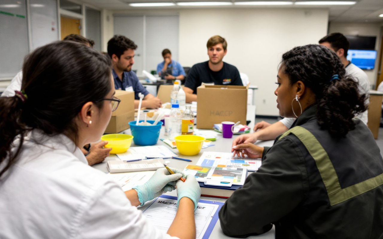 Des employés participent à une session de formation sur le HACCP, discutant et s'engageant dans des activités pratiques dans une salle de classe lumineuse.