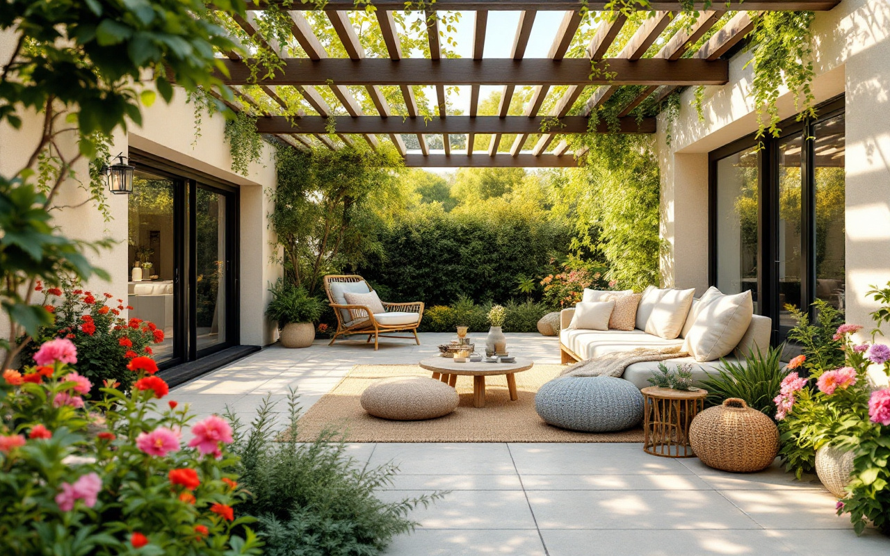 Vue d'une terrasse ensoleillée avec une pergola bioclimatique, entourée de verdure luxuriante et de fleurs vibrantes, offrant un espace accueillant avec des coussins doux et une lumière naturelle chaude filtrant à travers les lattes de la pergola.
