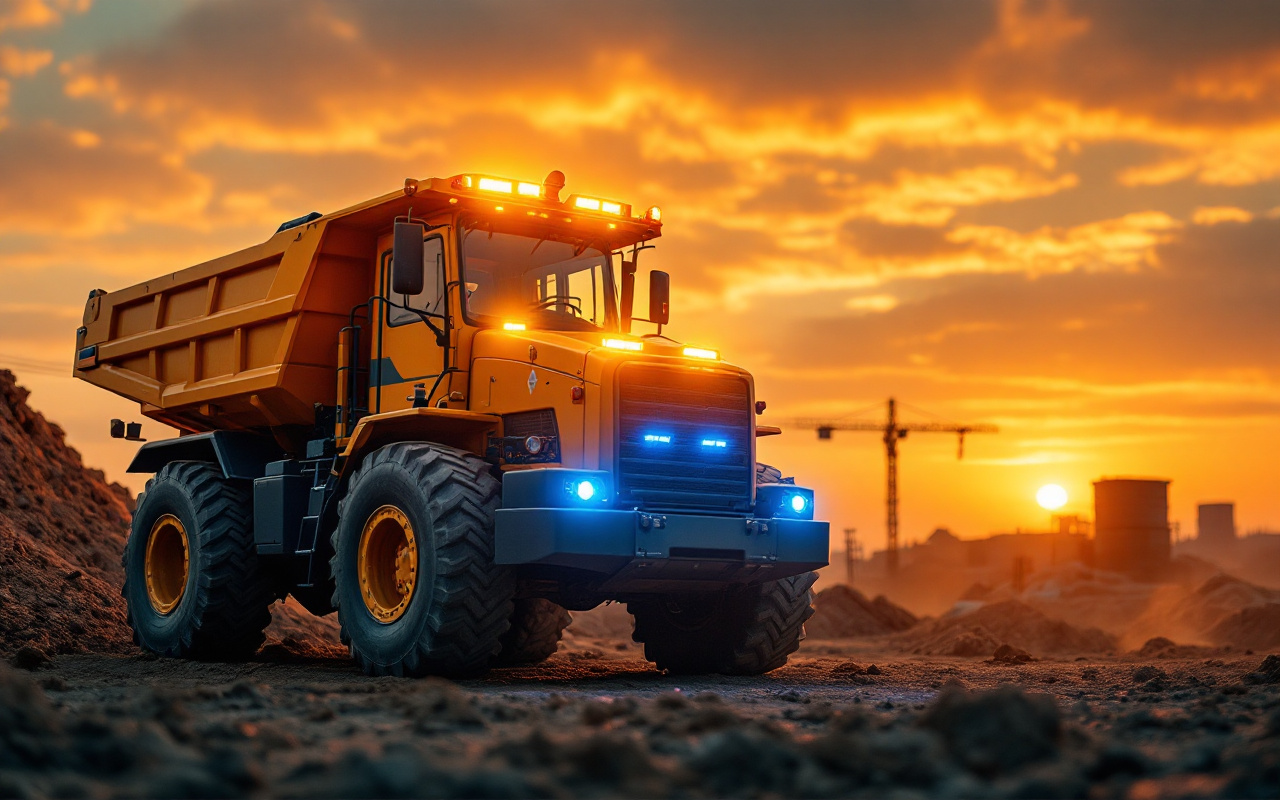 Un véhicule de construction stationné sur un chantier, avec un feu d'alerte allumé. Le véhicule est de couleur jaune vif, entouré de terre et de matériaux, illuminé par une lumière volumétrique au coucher du soleil.
