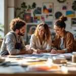 Pourquoi faire appel à une agence RP dans la musique ? Un artiste en pleine collaboration avec un publiciste dans un bureau moderne, entouré d'œuvres colorées et de matériel de design, discutant vivement sous une lumière naturelle chaleureuse.