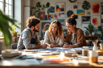 Un artiste en pleine collaboration avec un publiciste dans un bureau moderne, entouré d'œuvres colorées et de matériel de design, discutant vivement sous une lumière naturelle chaleureuse.