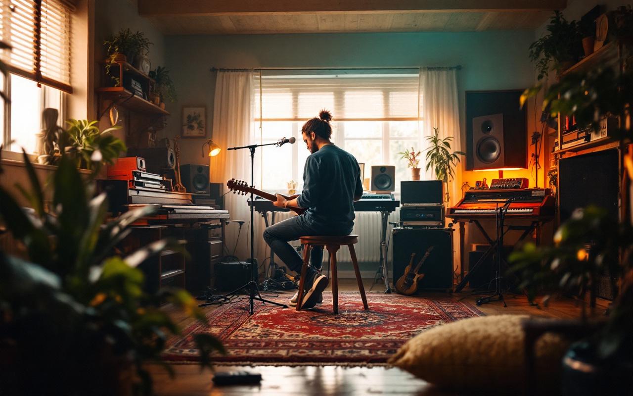 Un musicien dans un studio, entouré d'instruments et de matériel audio, avec un éclairage ambiant chaleureux et des éléments en bois naturel, capturant une atmosphère créative.