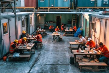 travailleurs-se-detendant-dans-la-cantine-modulaire-dun-chantier-assis-a-des-tables-communes-entourees-dunites-prefabriquees-empilees-avec-boites-repas-tasses-de-cafe-et-casques-poses-eclaira