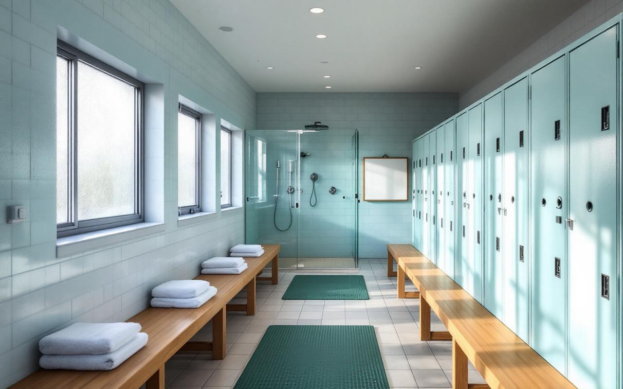 Vestiaire propre et lumineux avec rangées de casiers métalliques, cabines de douche vitrées, bancs en bois et sols carrelés, éclairage naturel diffus et tonalités bleues et vertes.