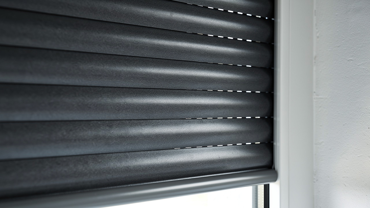 Détail d’une fenêtre avec un volet roulant gris anthracite, tablier baissé, ambiance intérieure fraîche et lumineuse avec ombres horizontales.