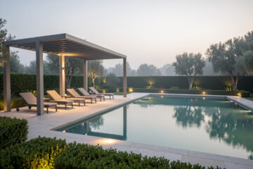Espace piscine élégant au coucher du soleil, avec transats sous une pergola, éclairage doux et terrasse soignée dans un jardin contemporain.