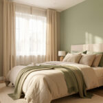 Aménagement chambre apaisante : 7 repères pour une pièce harmonieuse Chambre lumineuse et apaisante dans des tons beige et vert sauge, avec des textiles naturels et un rangement discret.