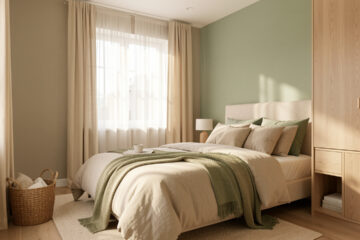 Chambre lumineuse et apaisante dans des tons beige et vert sauge, avec des textiles naturels et un rangement discret.