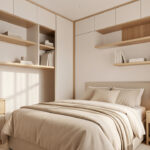 Petite chambre lumineuse et élégante avec rangements muraux, mobilier compact et décoration dans des tons beiges et bois clair.