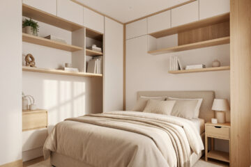 Petite chambre lumineuse et élégante avec rangements muraux, mobilier compact et décoration dans des tons beiges et bois clair.