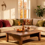 Quelles 4 tendances déco choisir pour réchauffer son salon en automne ? Salon lumineux à l’ambiance automnale avec canapé beige, coussins bordeaux et vert olive, table basse en noyer et lumière douce de fin de journée.