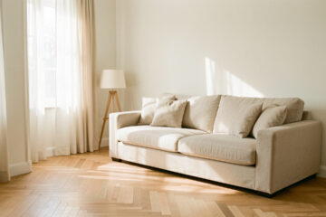 Salon lumineux et chaleureux aux murs blanc cassé, avec canapé en lin écru, parquet en chêne clair et douce lumière naturelle.