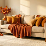 Quels plaids, tapis et couleurs chaudes choisir pour une déco d’automne à petit budget ? Salon lumineux décoré pour l’automne avec un canapé beige, un plaid rouille, des coussins ocre et un tapis bouclé écru, baigné d’une lumière chaude.