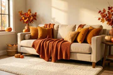 Salon lumineux décoré pour l’automne avec un canapé beige, un plaid rouille, des coussins ocre et un tapis bouclé écru, baigné d’une lumière chaude.
