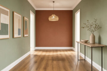 Couloir élégant aux murs vert sauge avec un mur d’accent terracotta, des boiseries blanches et un sol en chêne clair.