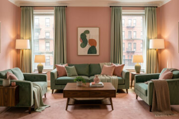 Salon d'une maison new-yorkaise aux murs rose poudré et vert céladon, avec un canapé en velours et du mobilier en noyer disposés symétriquement sous une lumière douce.