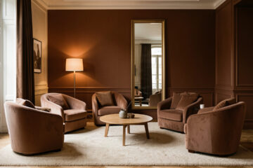 Salon parisien inspiré d’un hôtel boutique, avec un mur brun tabac, un grand miroir vertical, un tapis écru, un éclairage chaleureux et un mobilier aux lignes arrondies.